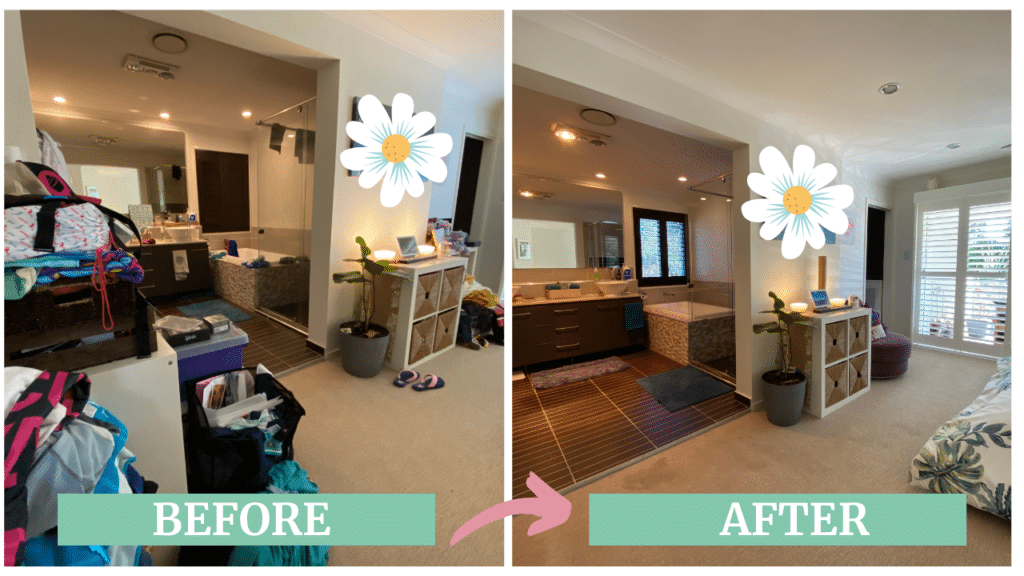 cluttered bedroom to tidy bedroom by a professional organiser
